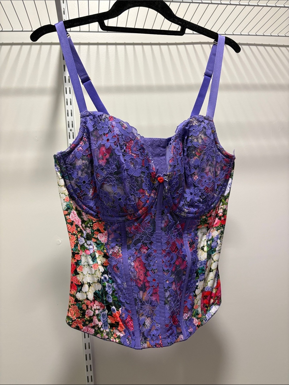 Cacique Purple Floral Lace Bustier with Red Accent